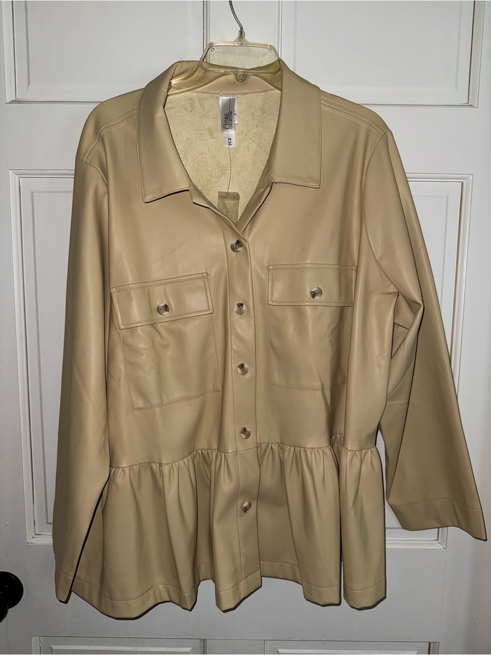 MarlaWynne Almond Faux Leather Button-Down Peplum Shirt